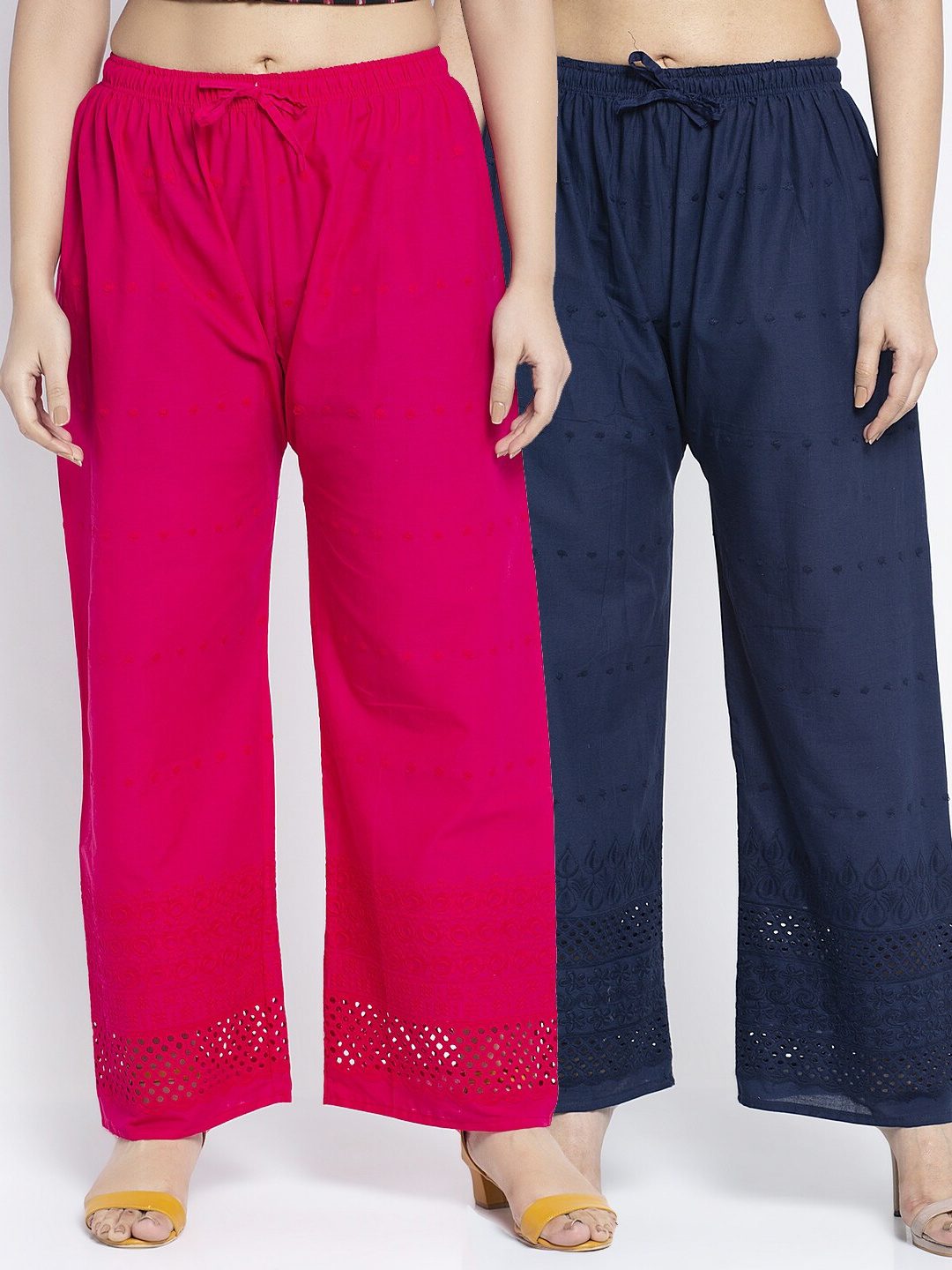 

Jinfo Pack Of 2 Embroidered Flared Ethnic Cotton Palazzos, Pink