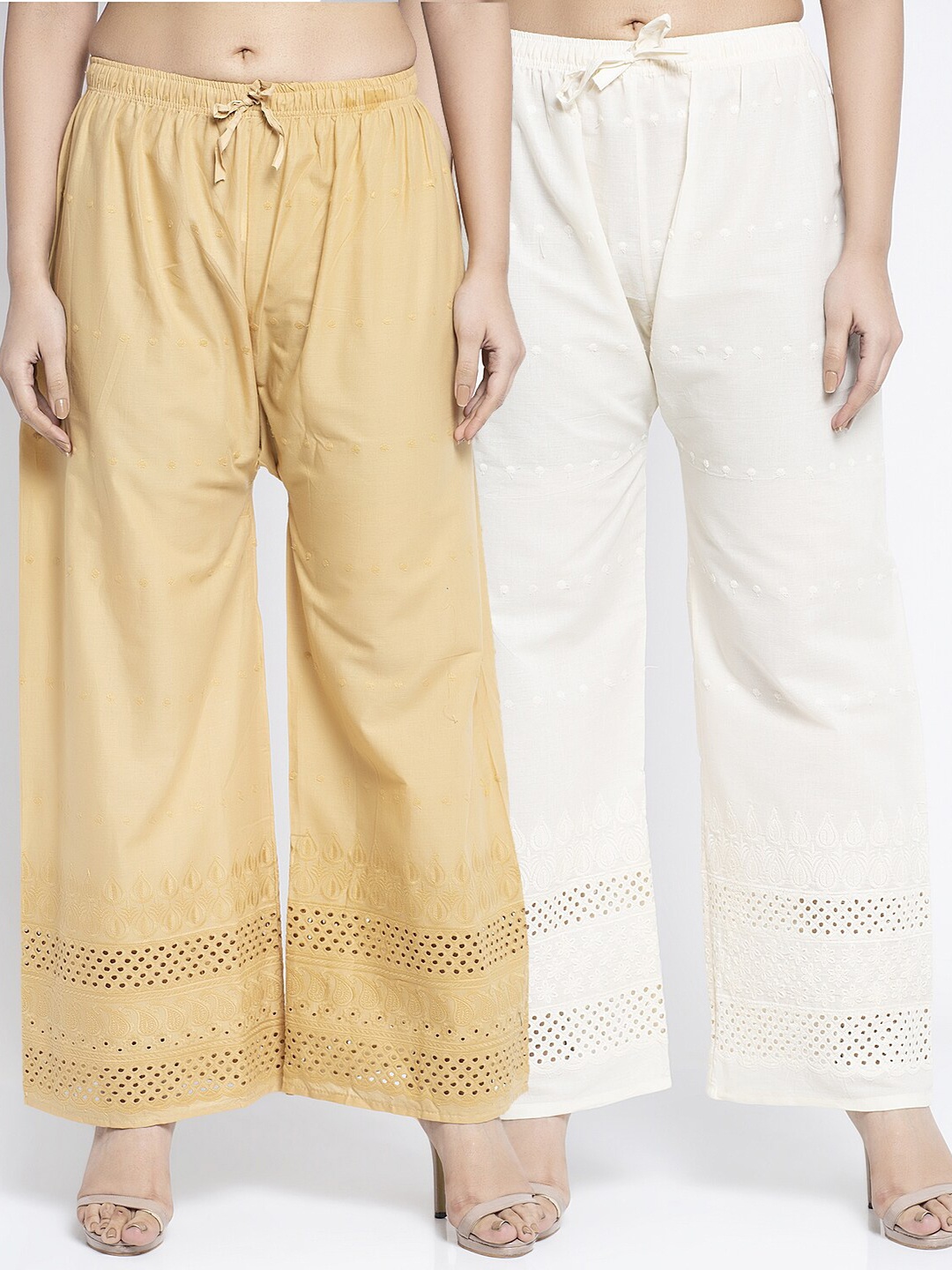 

Jinfo Women Beige & Off-White Pack Of 2 Abstract Printed Straight Fit Cotton Palazzos