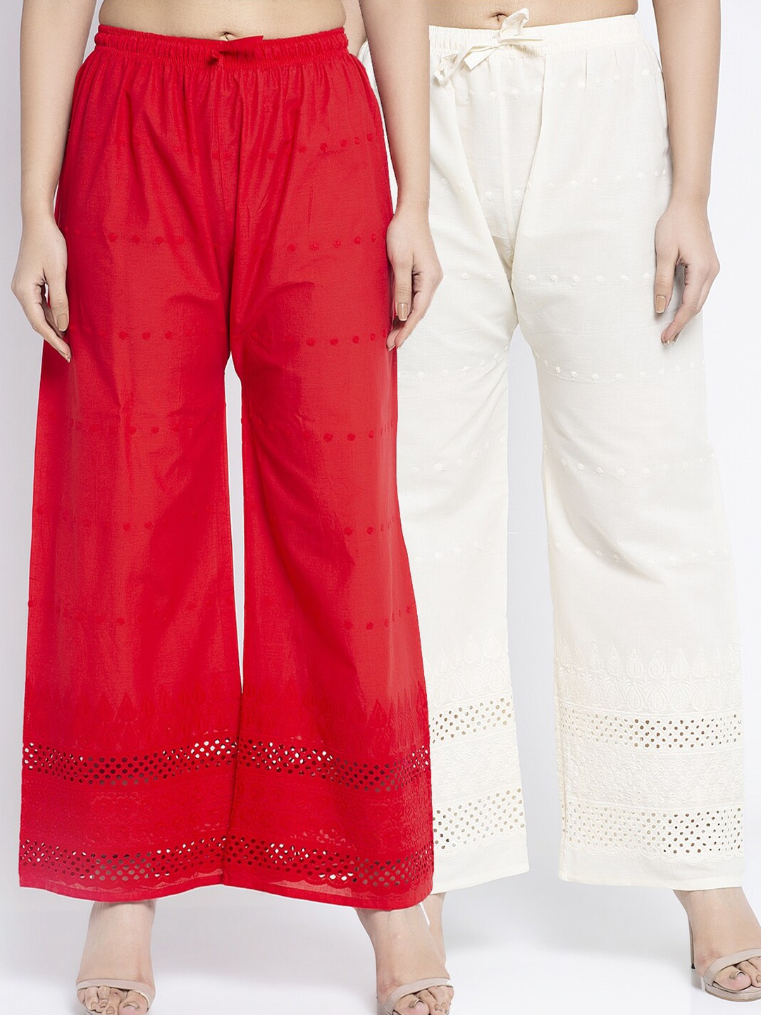 

Jinfo Women Red & Off White Set of 2 Flared Ethnic Palazzos