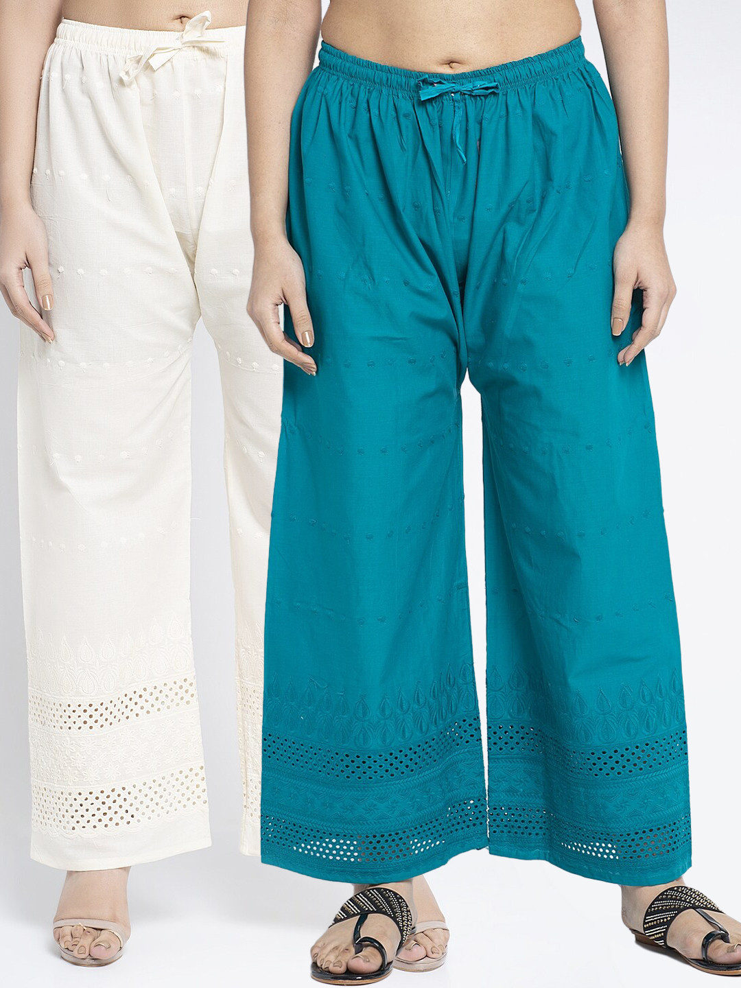 

Jinfo Women Off White & Turquoise Blue Pack of 2 Floral Embroidered Flared Ethnic Palazzos