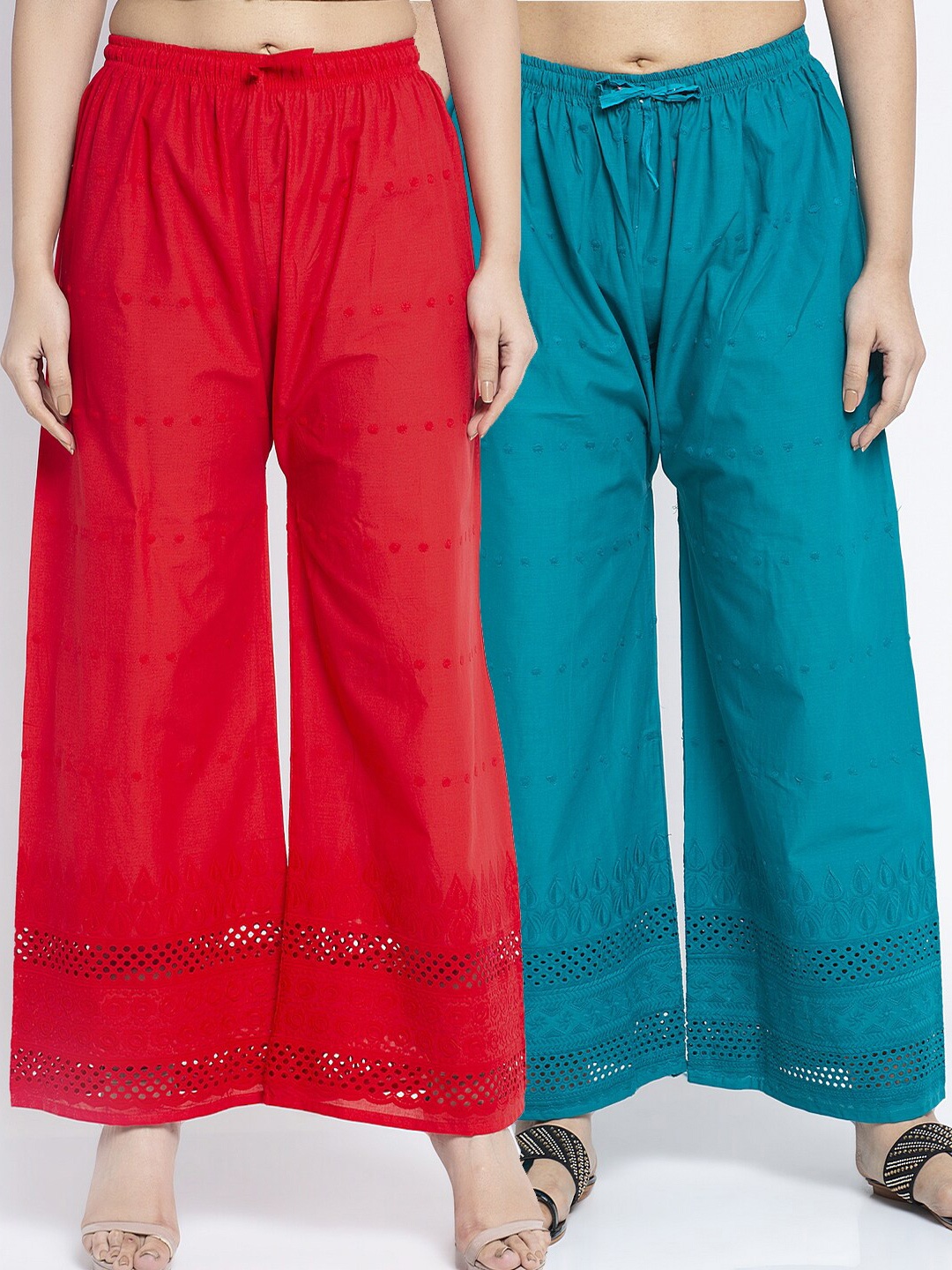 

Jinfo Pack Of 2 Embroidered Flared Ethnic Cotton Palazzos, Red