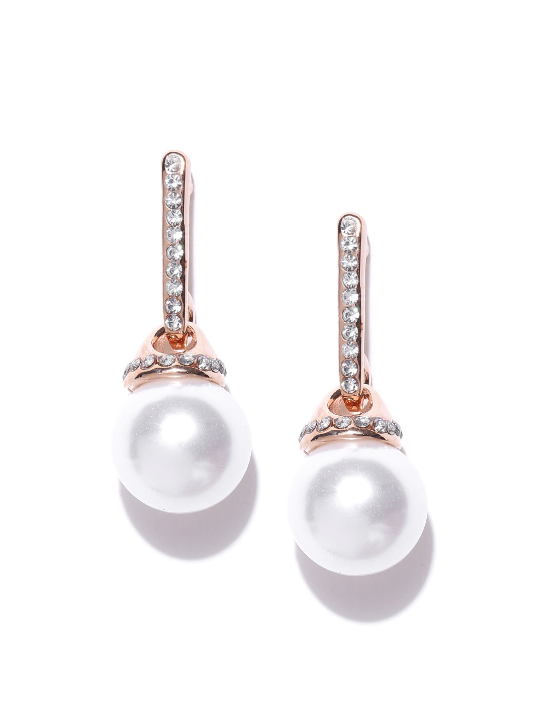 

Shining Diva Fashion Rose Gold-Toned Off-White Stone-Studded Drop Earrings