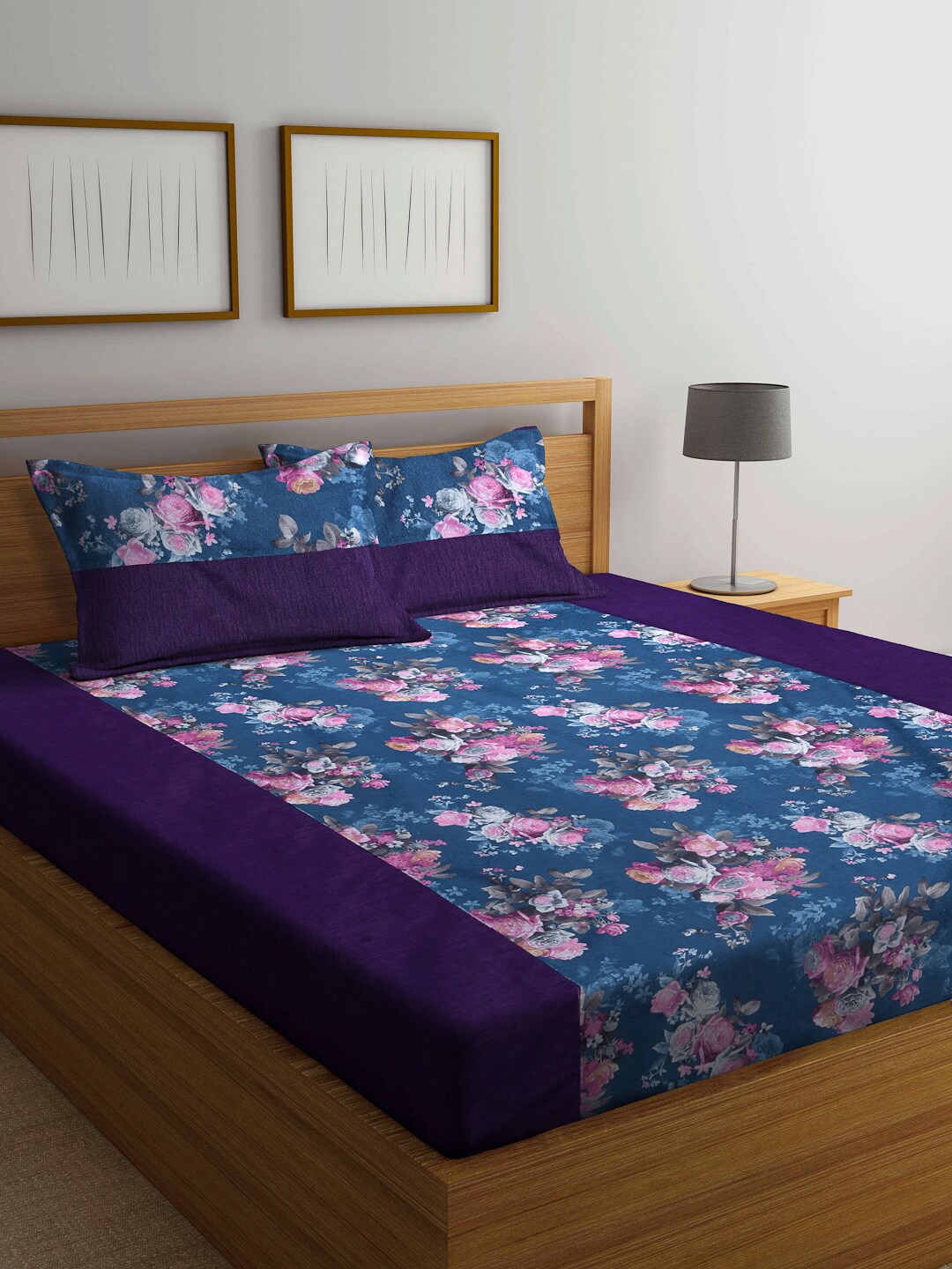 

KLOTTHE Blue & Pink Floral 210 TC King Bedsheet with 2 Pillow Covers