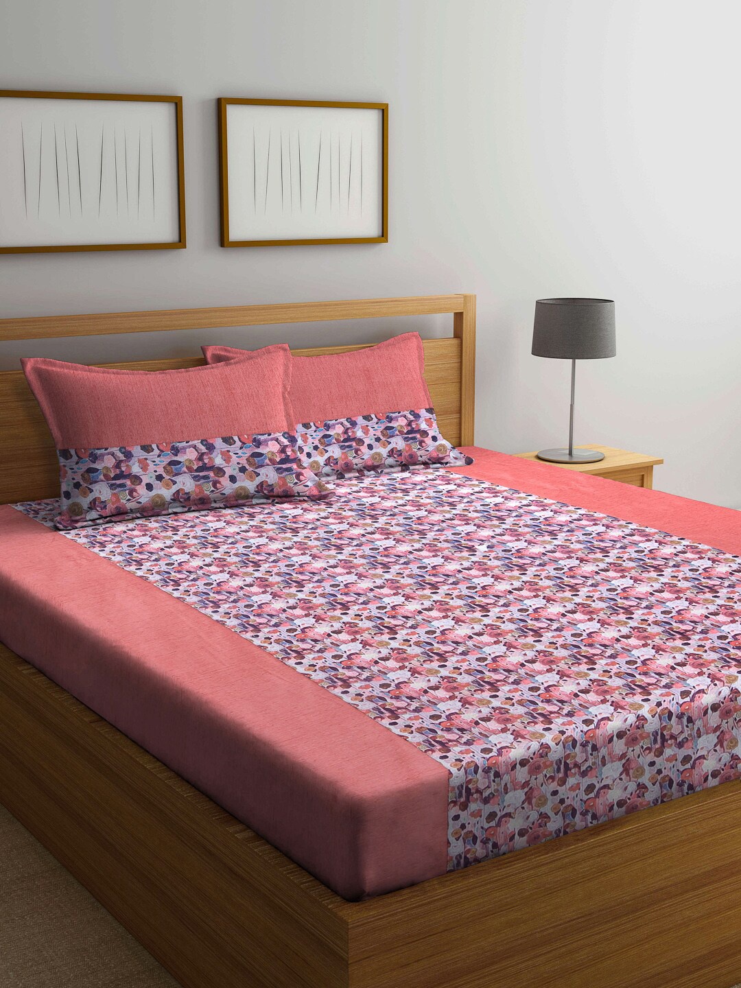 

KLOTTHE Pink & Blue Floral 210 TC Cotton King Bedsheet with 2 Pillow Covers