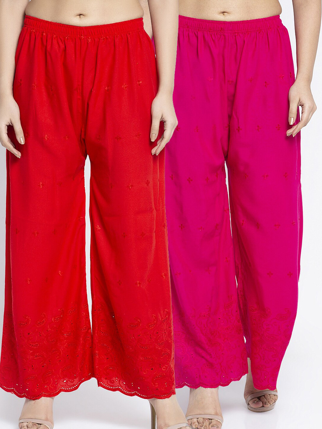 

Jinfo Women Pack of 2 Floral Embroidered Flared Ethnic Palazzos, Red