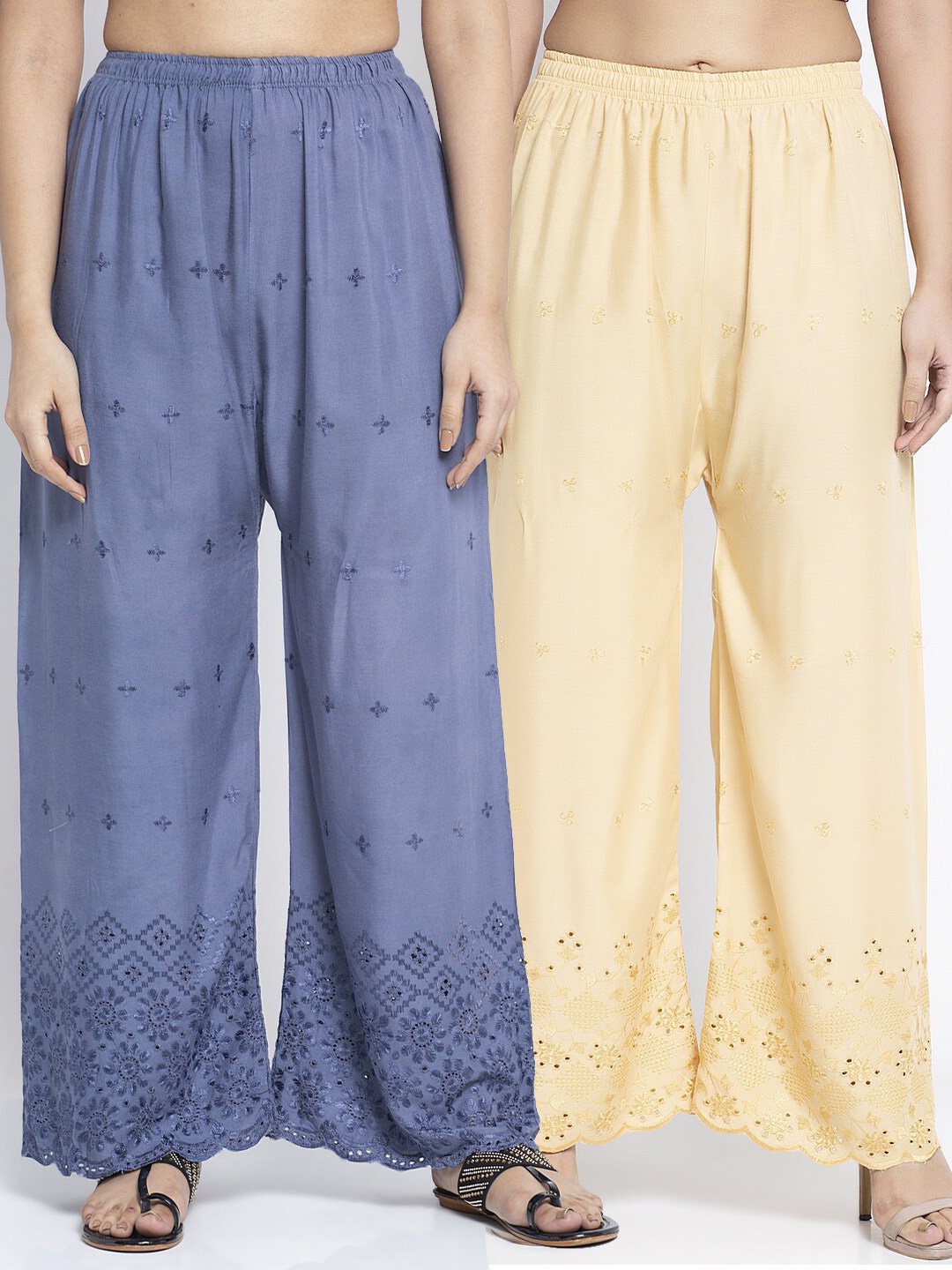 

Jinfo Women Grey & Beige 2 Floral Embroidered Flared Ethnic Palazzos