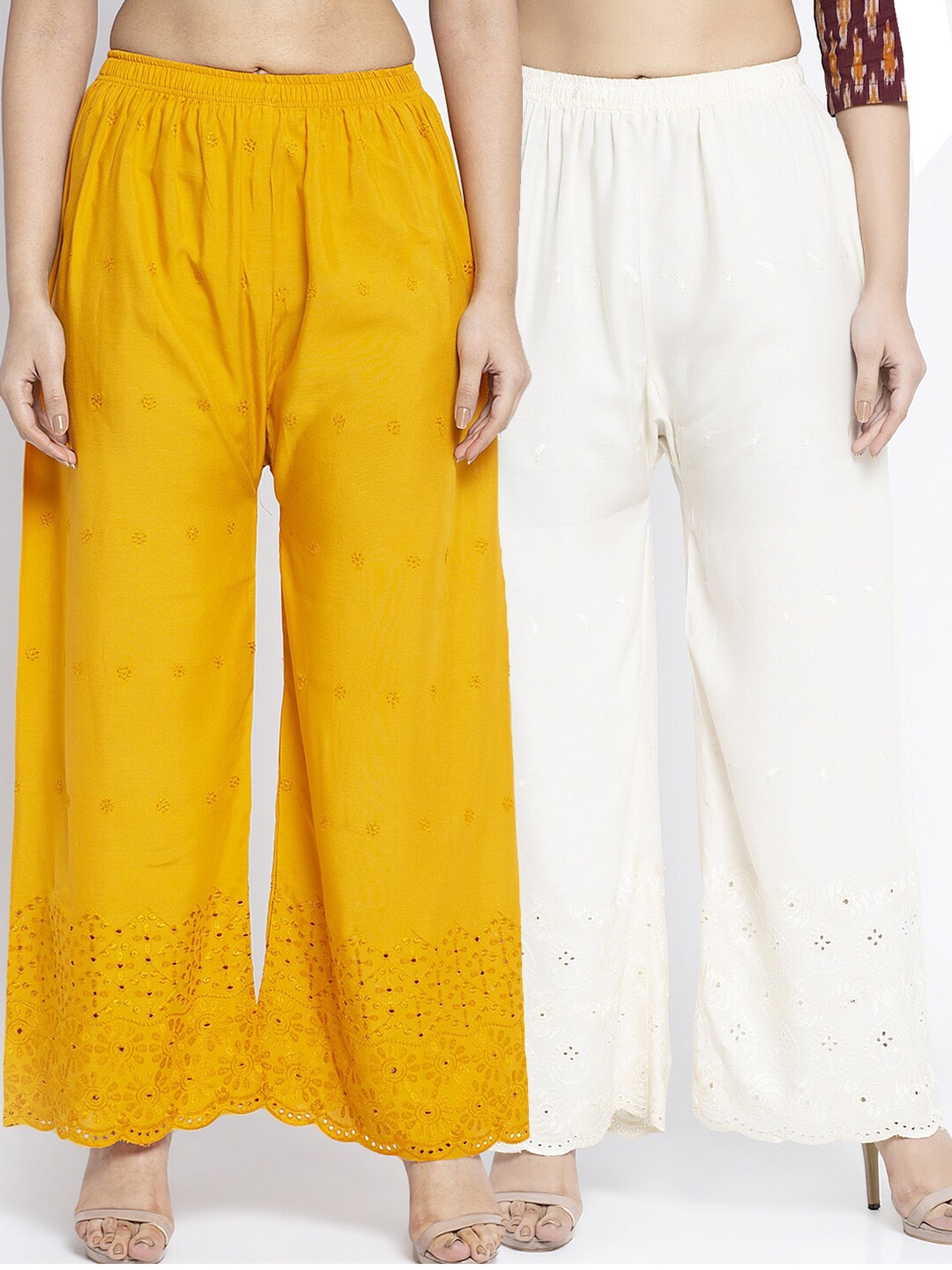 

Jinfo Women Yellow & Off White Set of 2 Floral Embroidered Flared Knitted Ethnic Palazzos