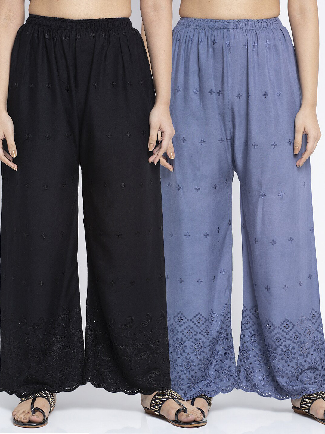 

Jinfo Women Black & Grey Pack of 2 Floral Chickankari Embroidered Palazzos