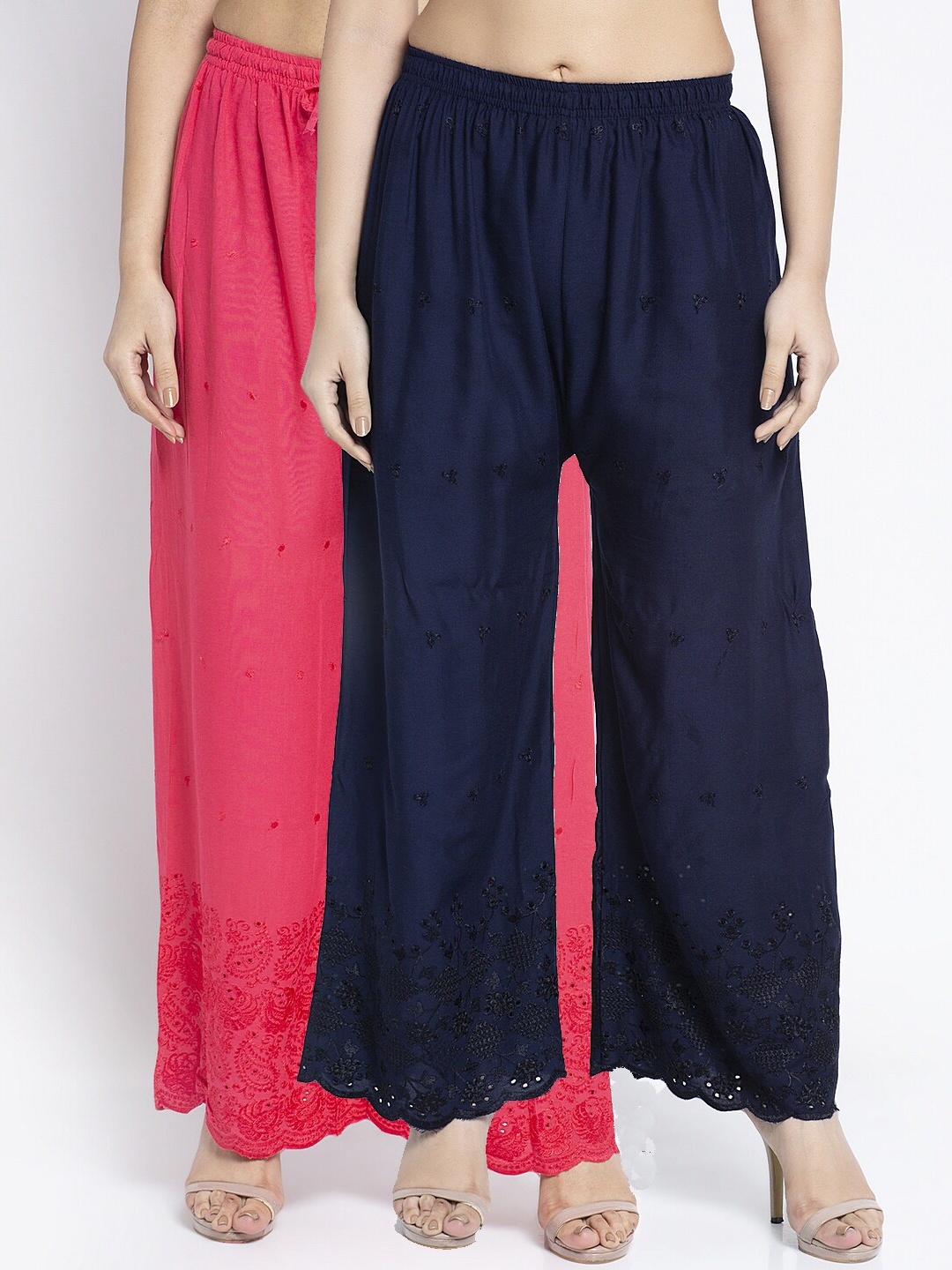 

Jinfo Women Navy Blue & Pink Set Of 2 Ethnic Motifs Chikankari Embroidered Palazzos