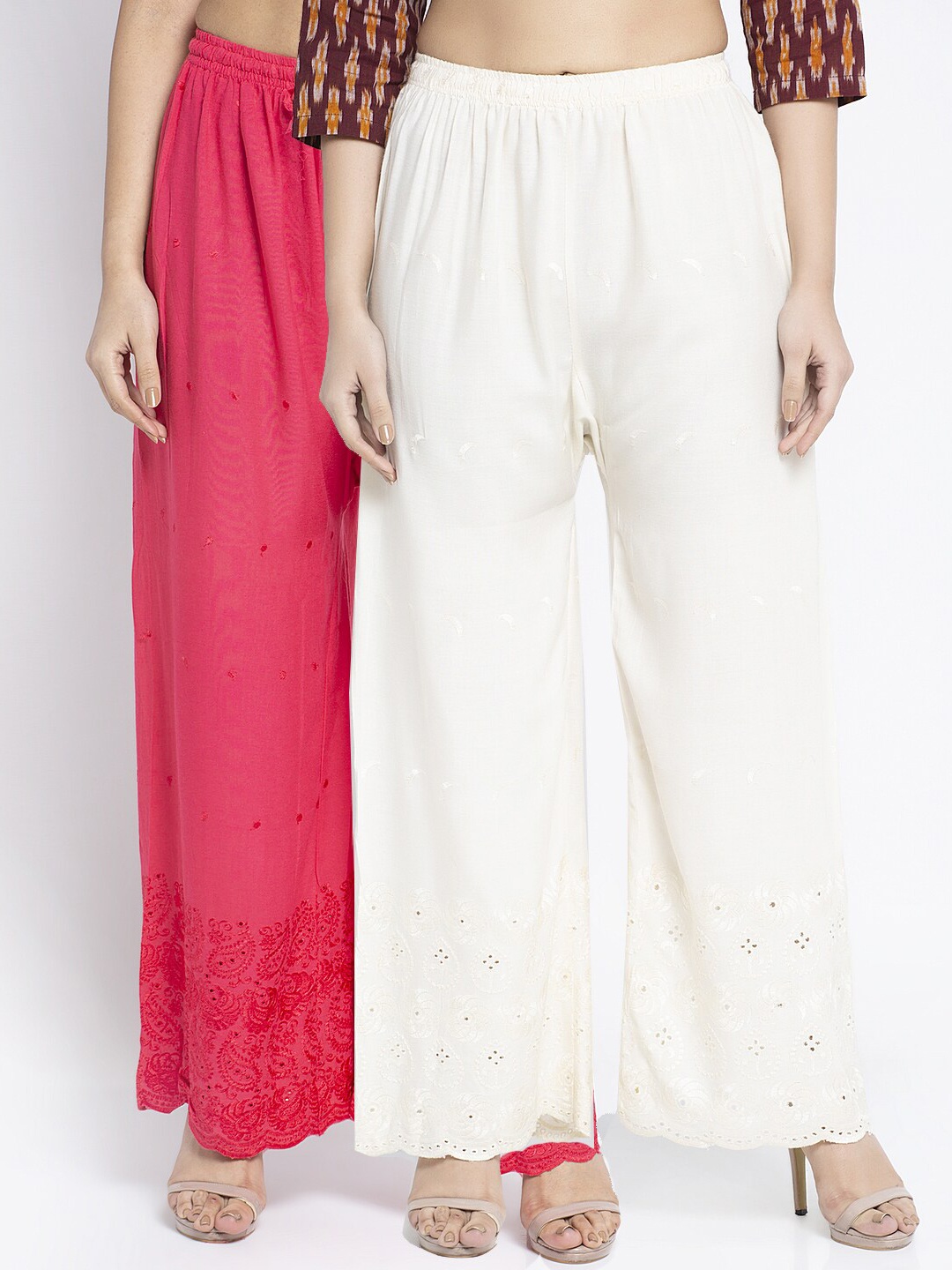 

Jinfo Women Pink & Off White Set Of 2 Chikankari Embroidered Ethnic Palazzos