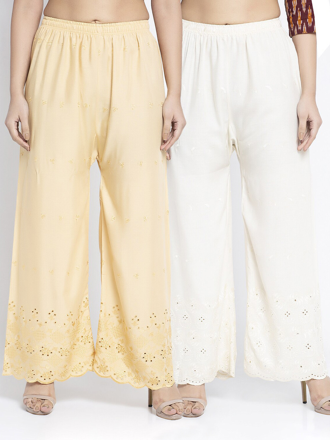 

Jinfo Women Pack Of 2 Beige & Off White Flared Knitted Ethnic Palazzos