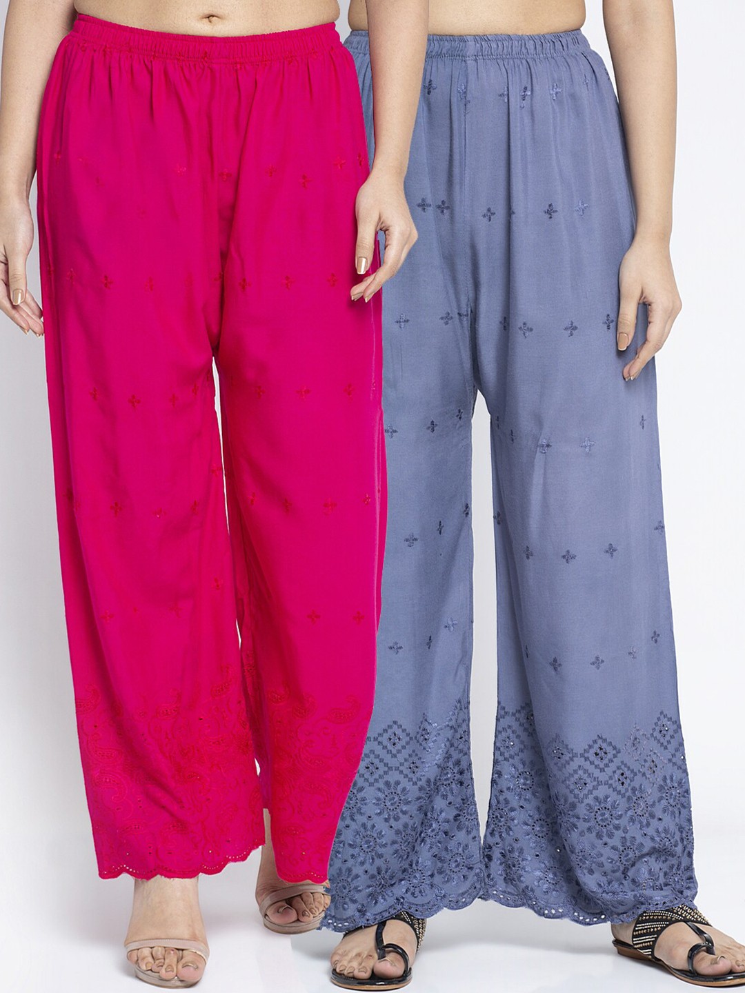

Jinfo Women Grey & Pink 2 Ethnic Motifs Embroidered Flared Knitted Ethnic Palazzos