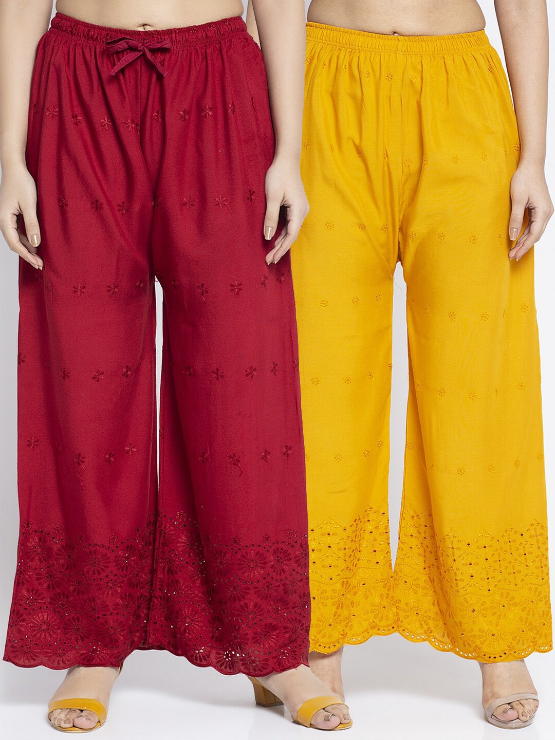 

Jinfo Women Pack of 2 Maroon & Yellow Embroidered Flared Palazzos