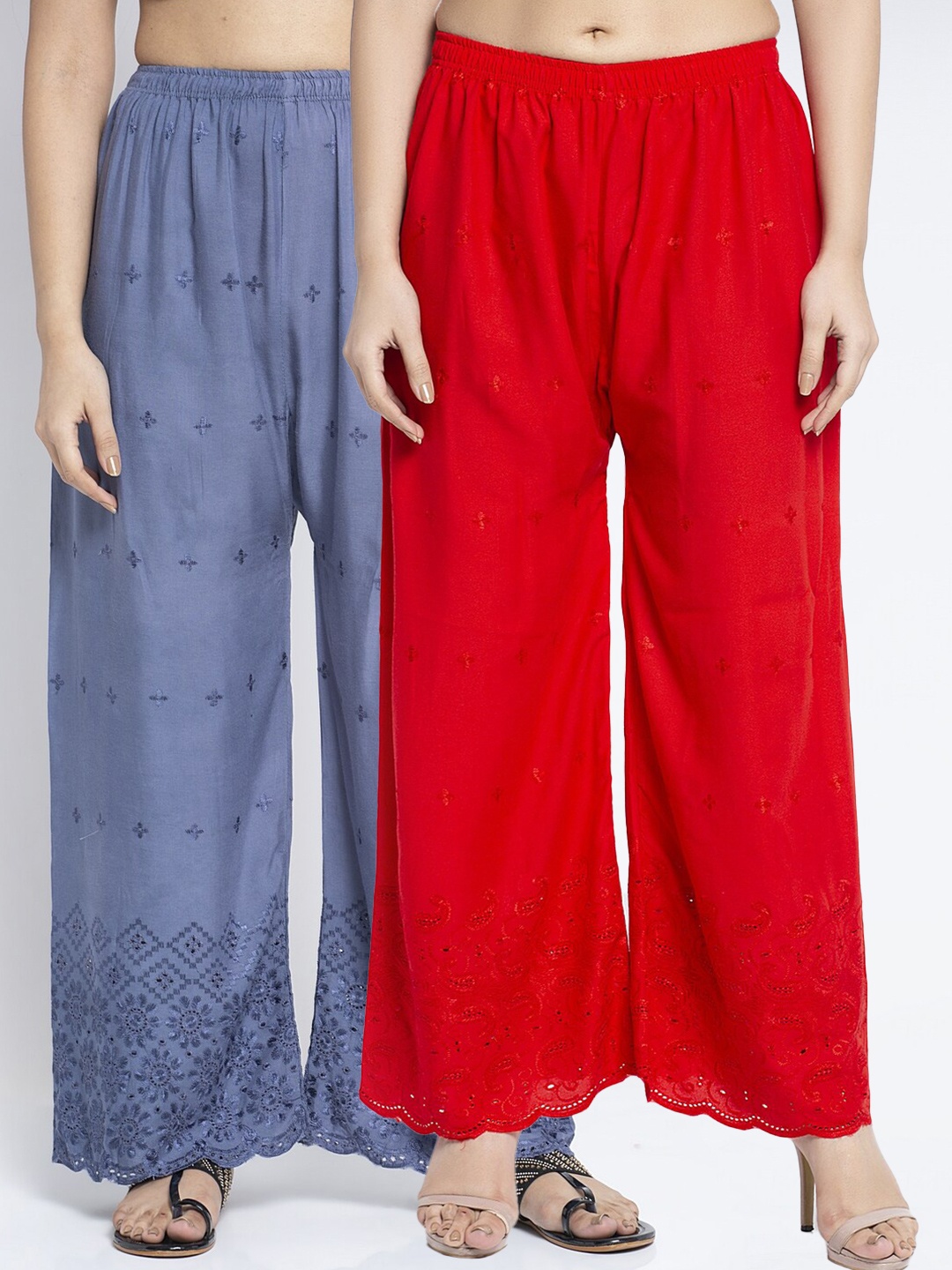 

Jinfo Women Red & Blue Set Of 2 Chikankari Embroidered Ethnic Palazzos