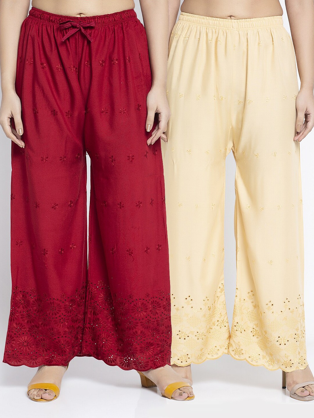 

Jinfo Women Pack of 2 Maroon & Beige Chikankari Embroidered Ethnic Palazzos