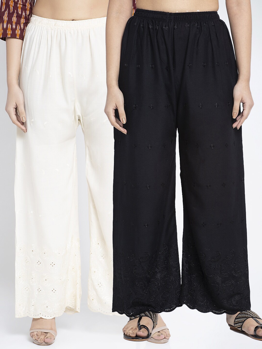 

Jinfo Women Pack of 2 Ethnic Motifs Embroidered Flared Knitted Ethnic Palazzos, Black