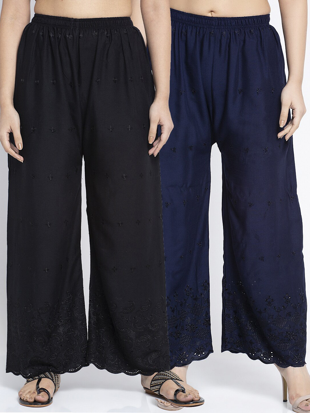 

Jinfo Women Black & Navy Blue 2 Floral Embroidered Flared Ethnic Palazzos
