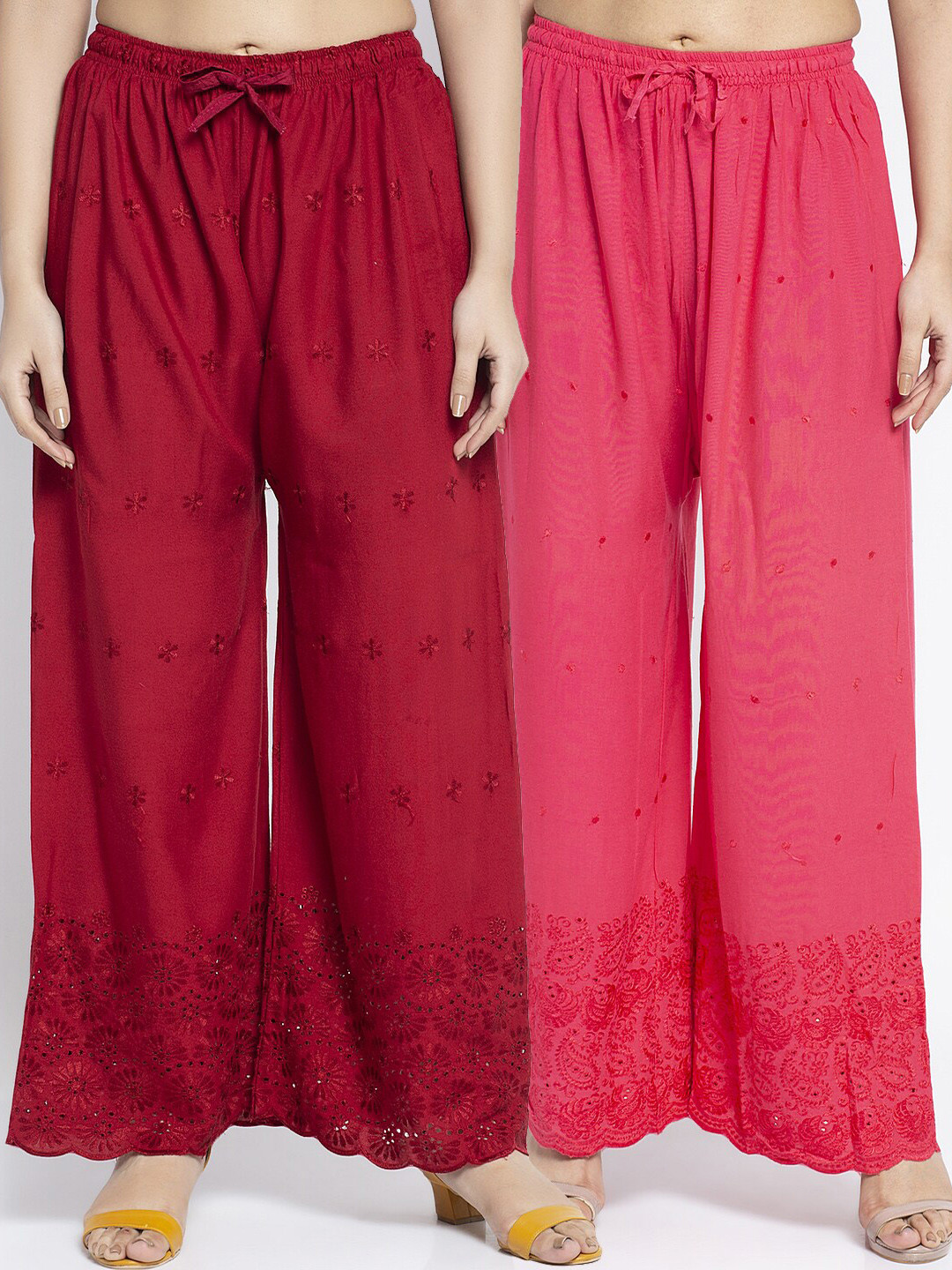 

Jinfo Women Maroon & Pink Pack of 2 Ethnic Motifs Embroidered Flared Ethnic Palazzos