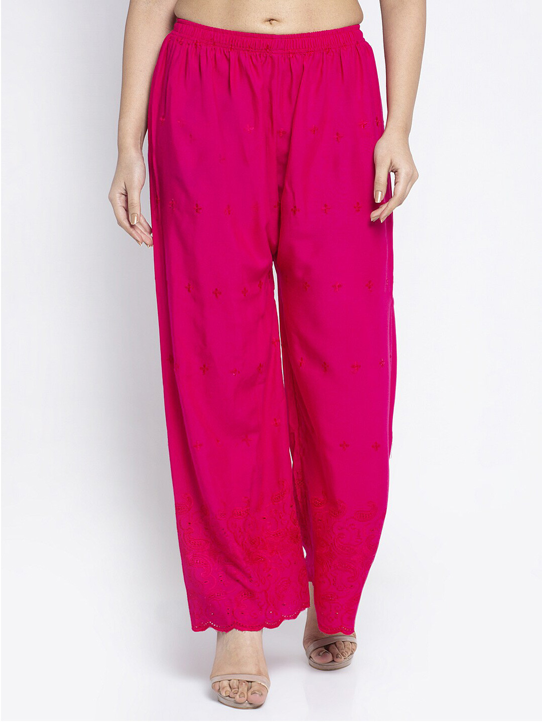

Jinfo Women Pink Ethnic Motifs Embroidered Flared Ethnic Palazzos