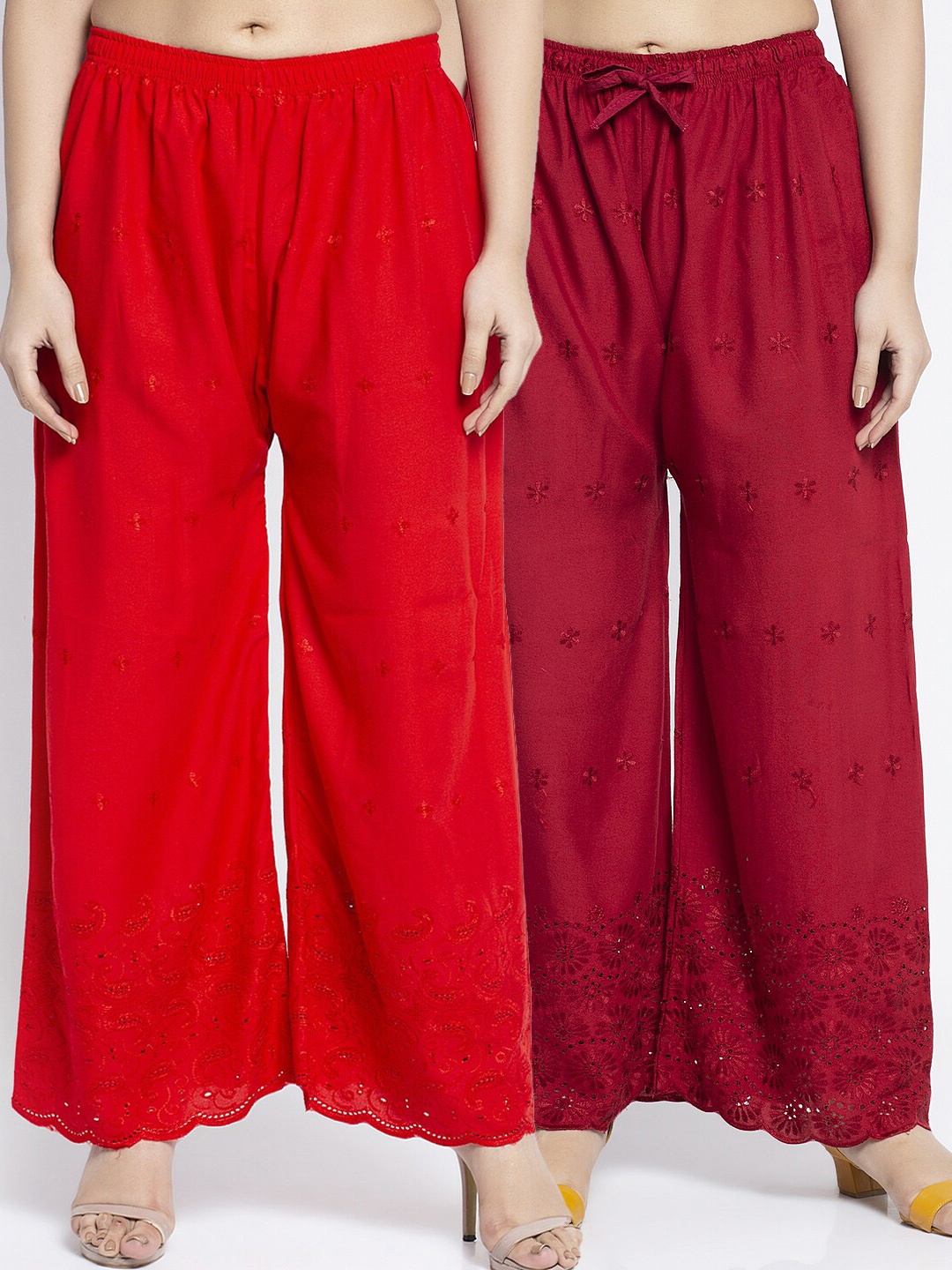

Jinfo Women Red & Maroon Pack of 2 Floral Chickankari Embroidered Palazzos