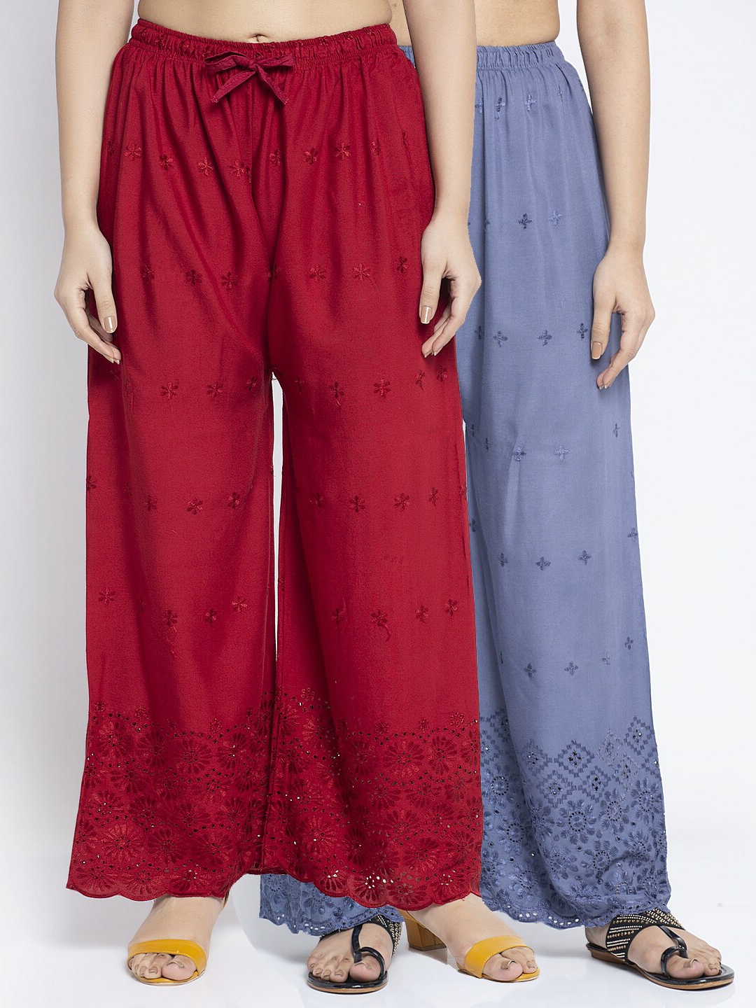 

Jinfo Women Grey & Maroon Set Of 2 Ethnic Motifs Chikankari Embroidered Palazzos