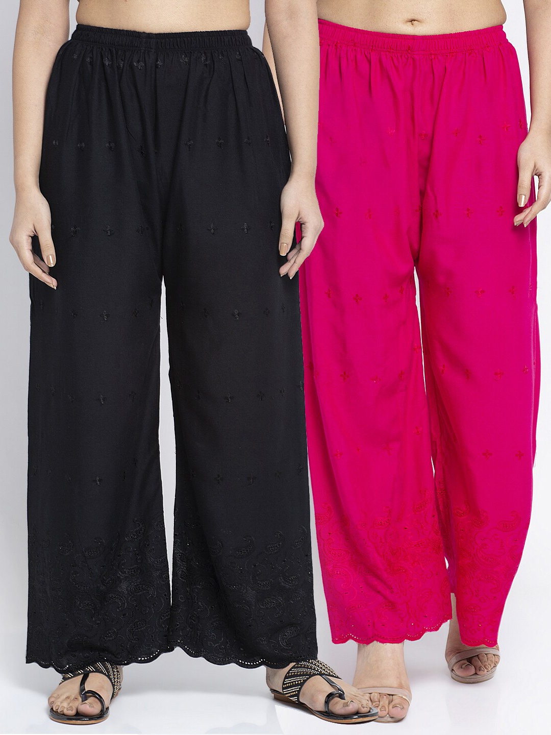 

Jinfo Women Black & Pink Set Of 2 Chikankari Embroidered Ethnic Palazzos