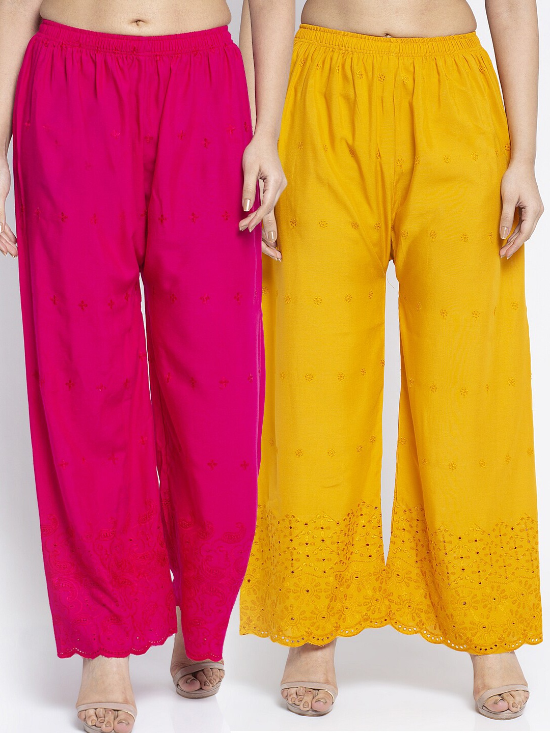 

Jinfo Women Pack Of 2 Pink & Gold-Toned Flared Knitted Ethnic Palazzos
