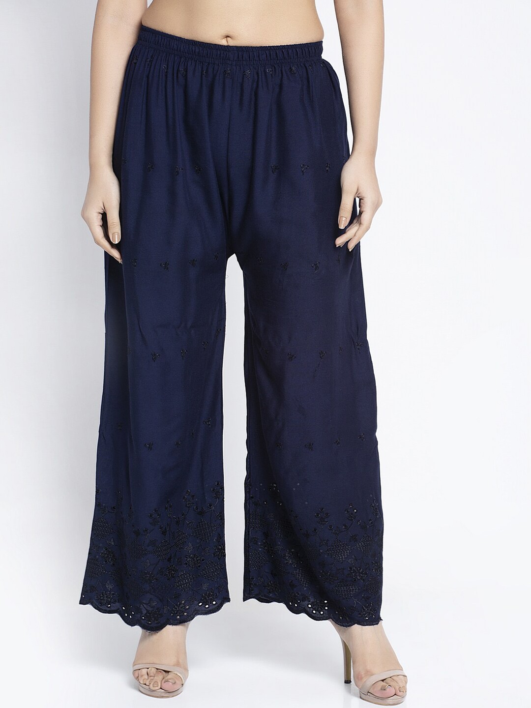 

Jinfo Women Navy Blue Ethnic Motifs Embroidered Flared Knitted Ethnic Palazzos