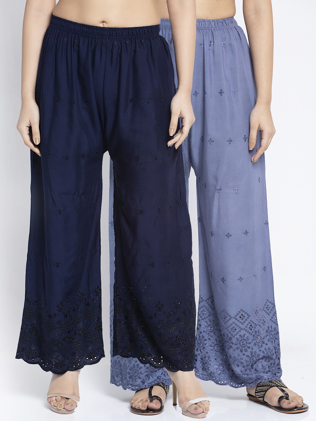 

Jinfo Women Pack of 2 Grey & Navy Blue Embroidered Flared Palazzos