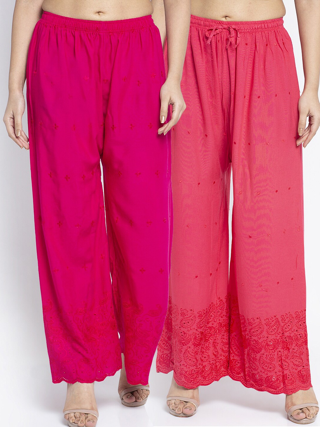 

Jinfo Women Pink & Peach-Coloured Set of 2 Chikankari Embroidered Flared Ethnic Palazzos