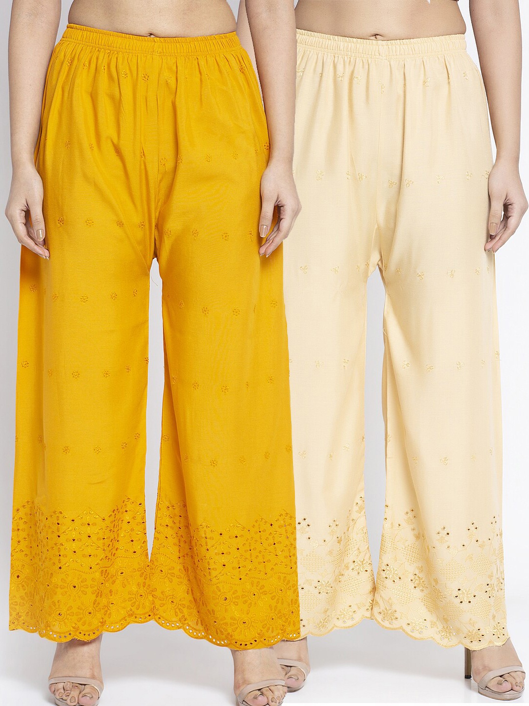 

Jinfo Women Pack of 2 Mustard Yellow & Beige Chikanakri Embroidered Ethnic Palazzos
