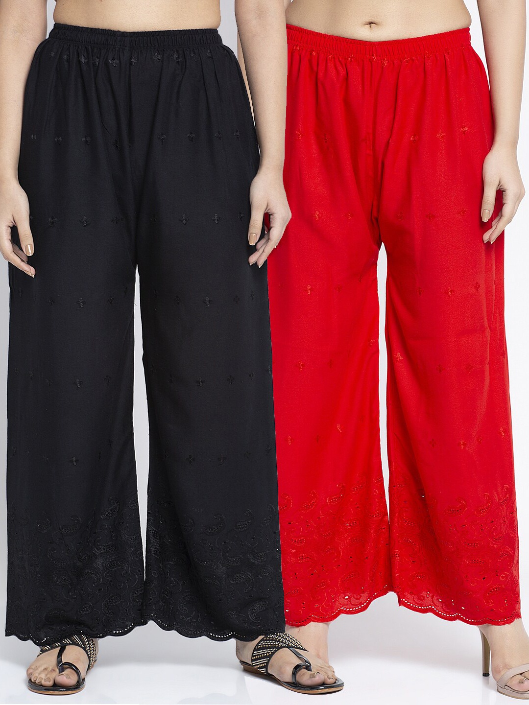 

Jinfo Women Black & Red 2 Ethnic Motifs Embroidered Flared Knitted Ethnic Palazzos