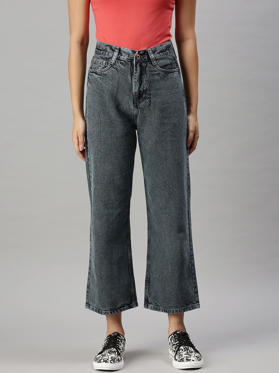

SHOWOFF Women Grey Cotton Wide Leg High-Rise Clean Look Heavy Fade Cotton Jeans