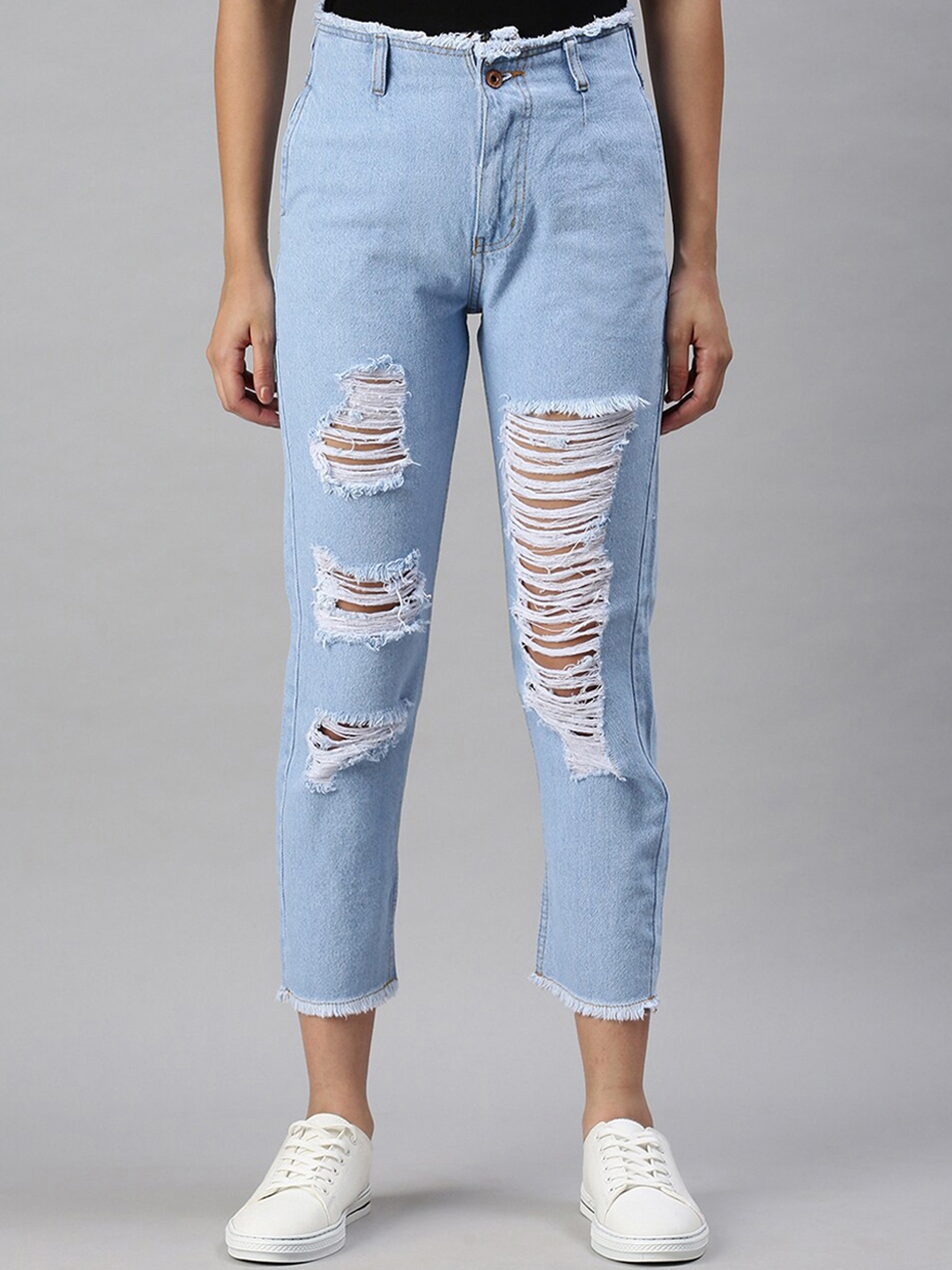 

SHOWOFF Women Blue Mom Fit High-Rise Highly Distressed Light Fade Mom Fit Jeans