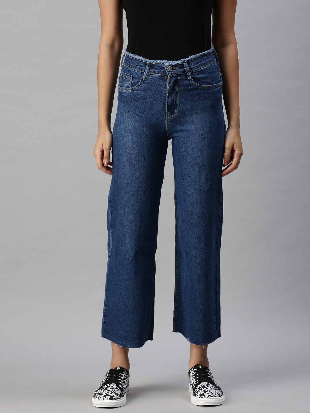 

SHOWOFF Women Navy Blue Wide Leg High-Rise Light Fade Stretchable Clean Look Jeans
