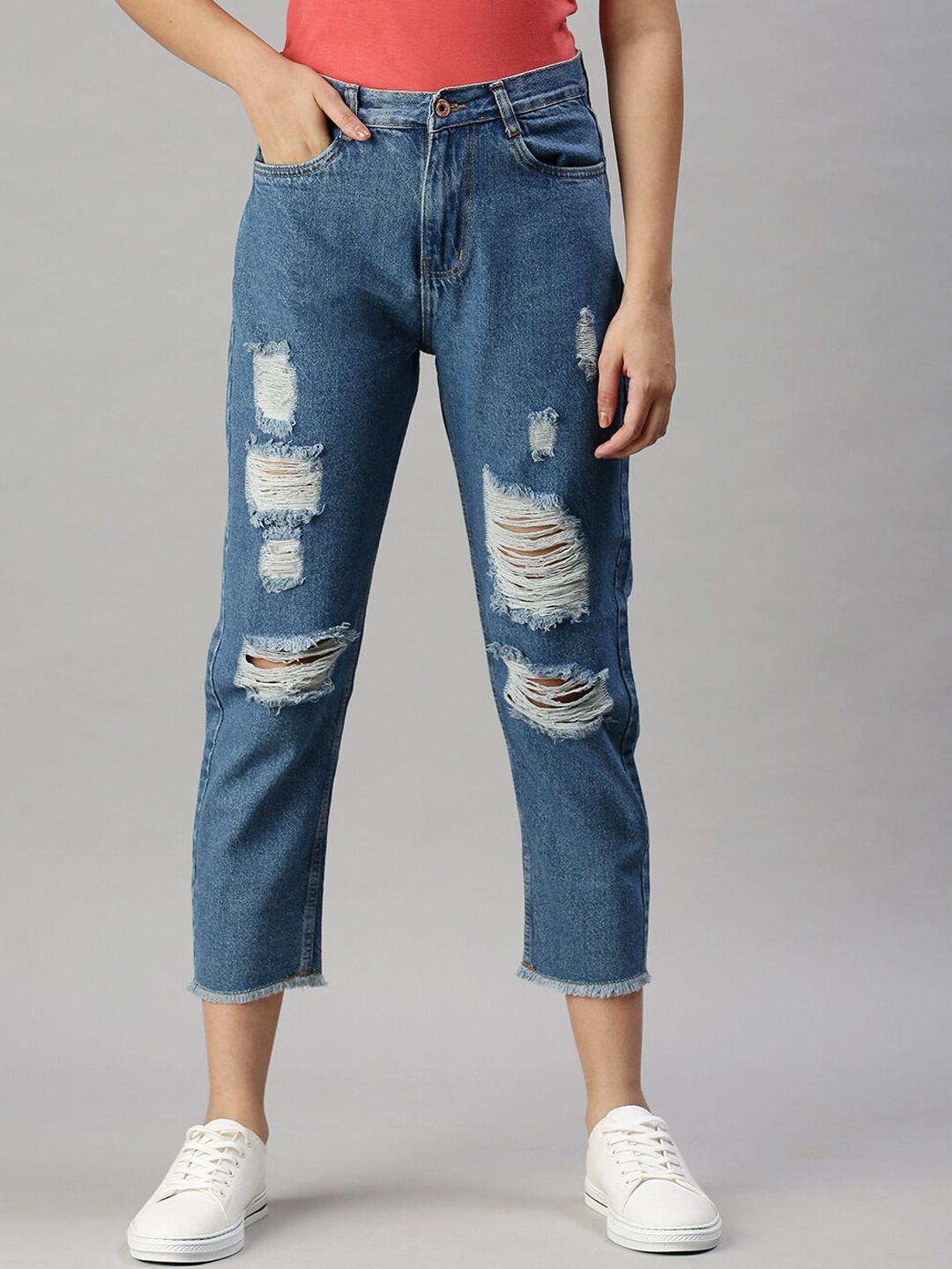 

SHOWOFF Women Blue Mom Fit Cotton High-Rise Highly Distressed Light Fade Jeans
