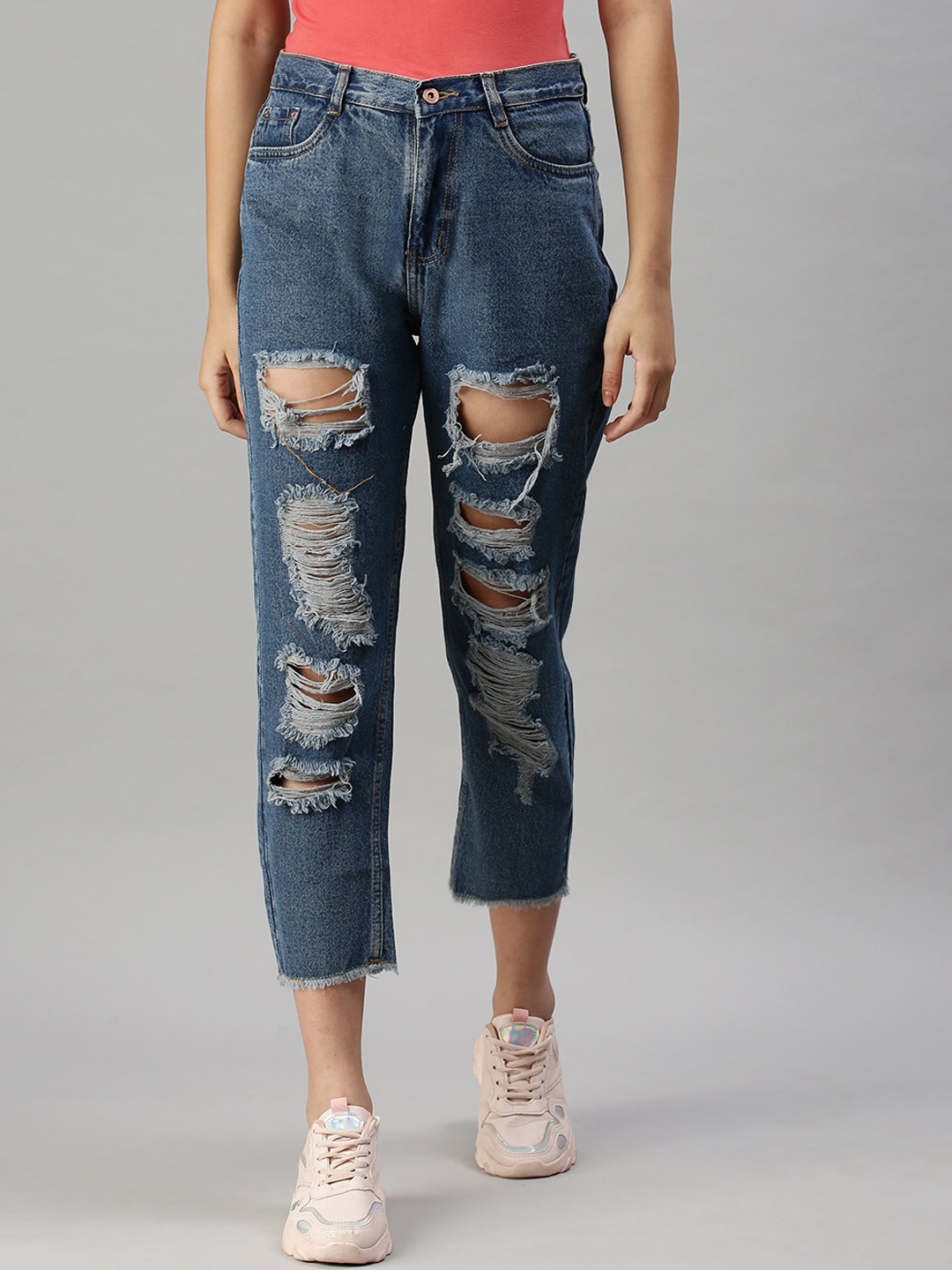 

SHOWOFF Women Blue Mom Fit High-Rise Highly Distressed Jeans