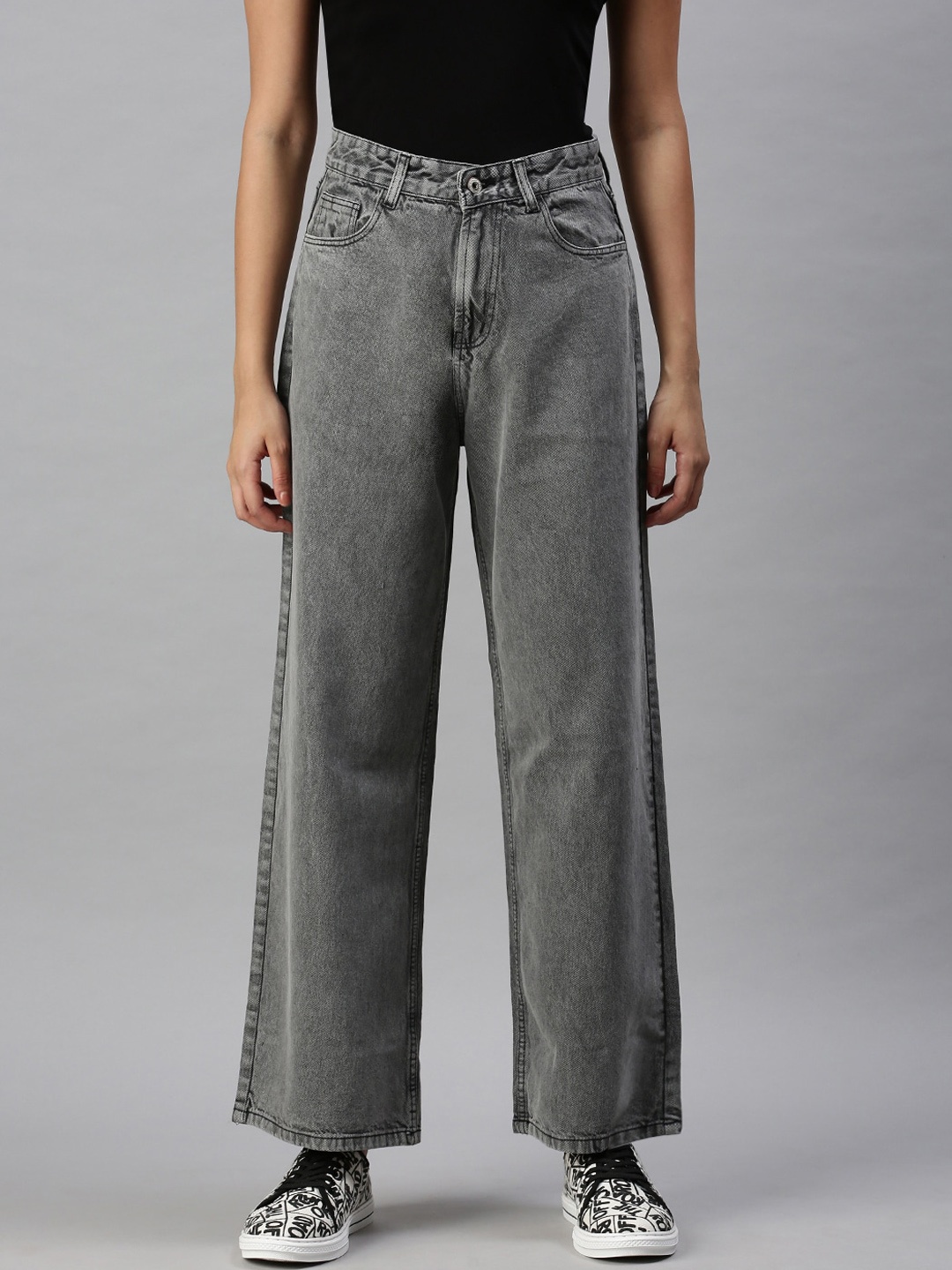 

SHOWOFF Women Grey Wide Leg Clean Look High-Rise Jeans
