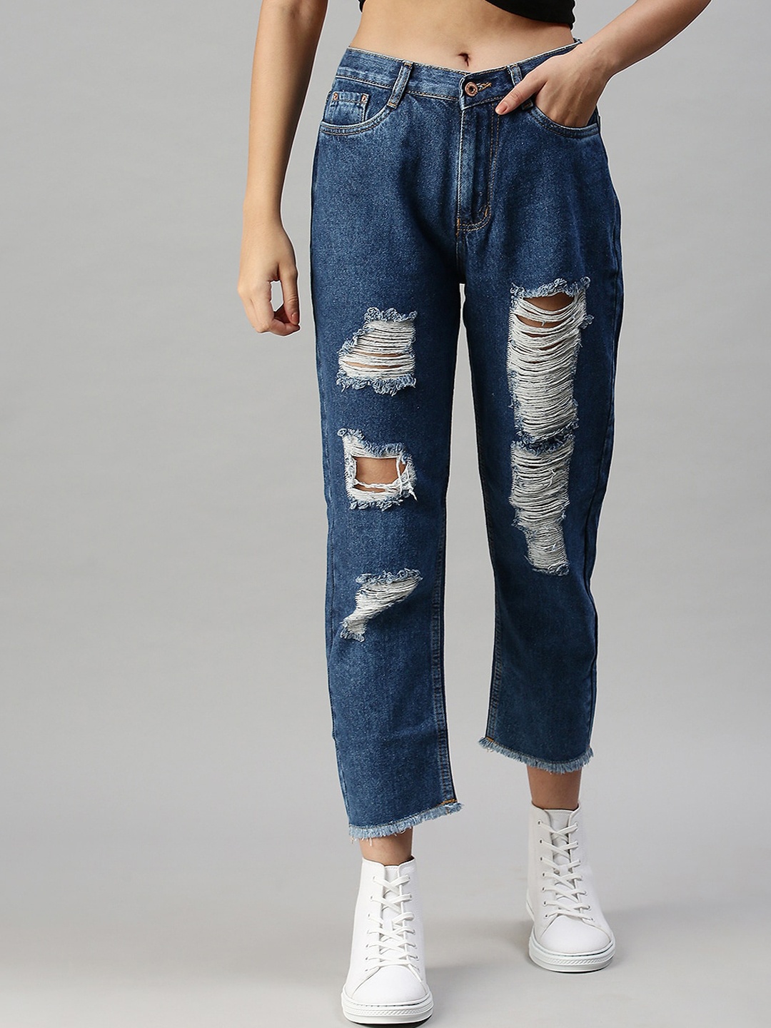 

SHOWOFF Women Blue High-Rise Highly Distressed Cotton Mom Fit Jeans