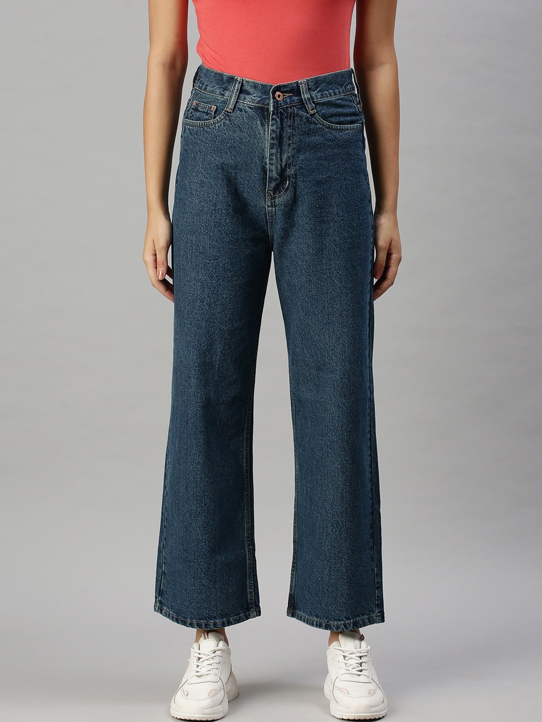 

SHOWOFF Women Blue Cotton Wide Leg High-Rise Clean Look Jeans