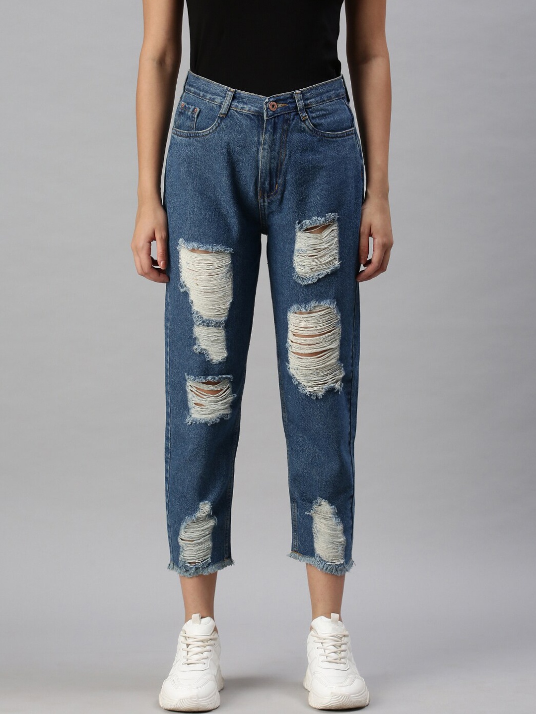 

SHOWOFF Women Blue Mom Fit High-Rise Highly Distressed Jeans