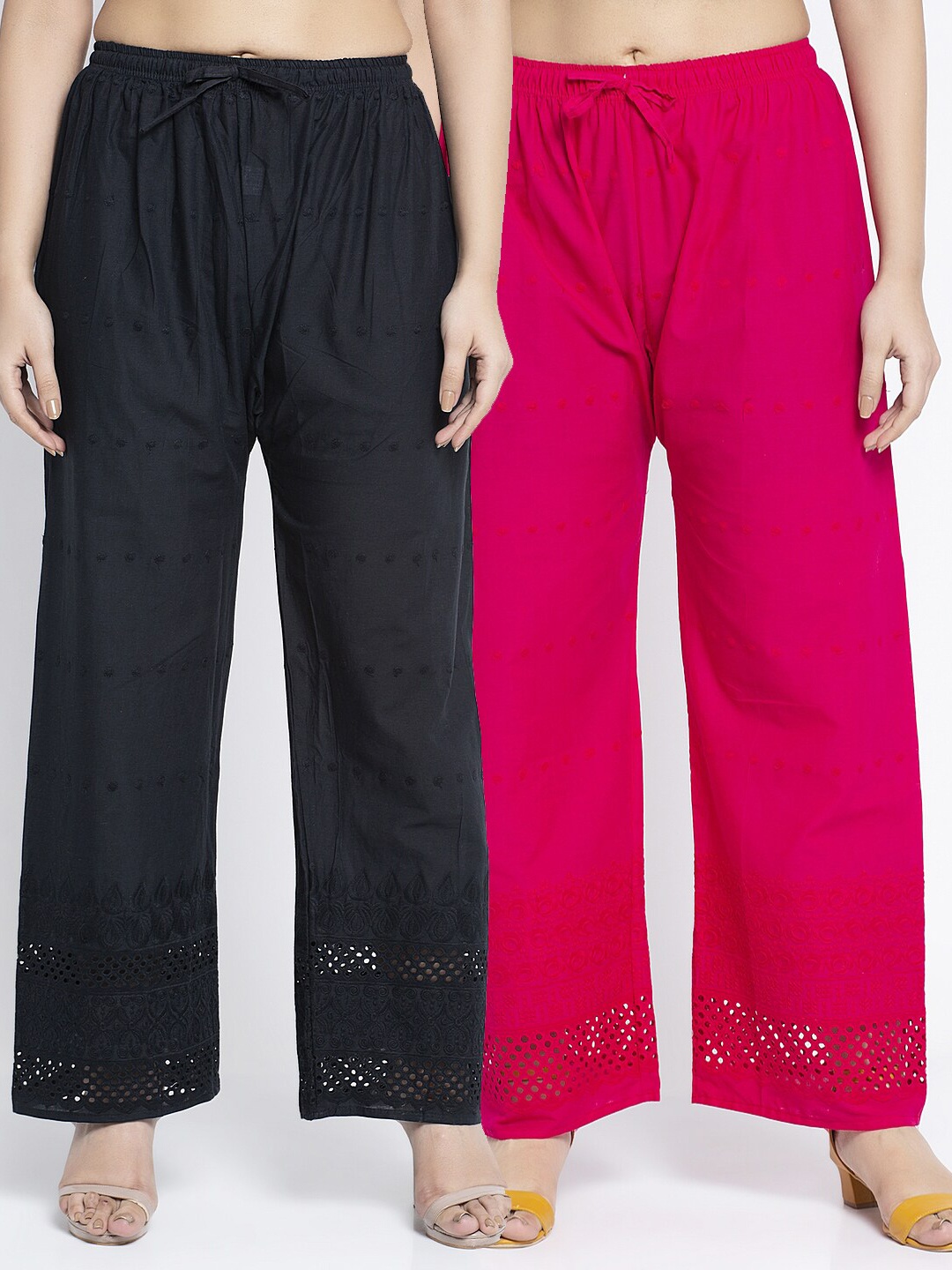 

Jinfo Women Pack of 2 Black & Pink Embroidered Flared Palazzos