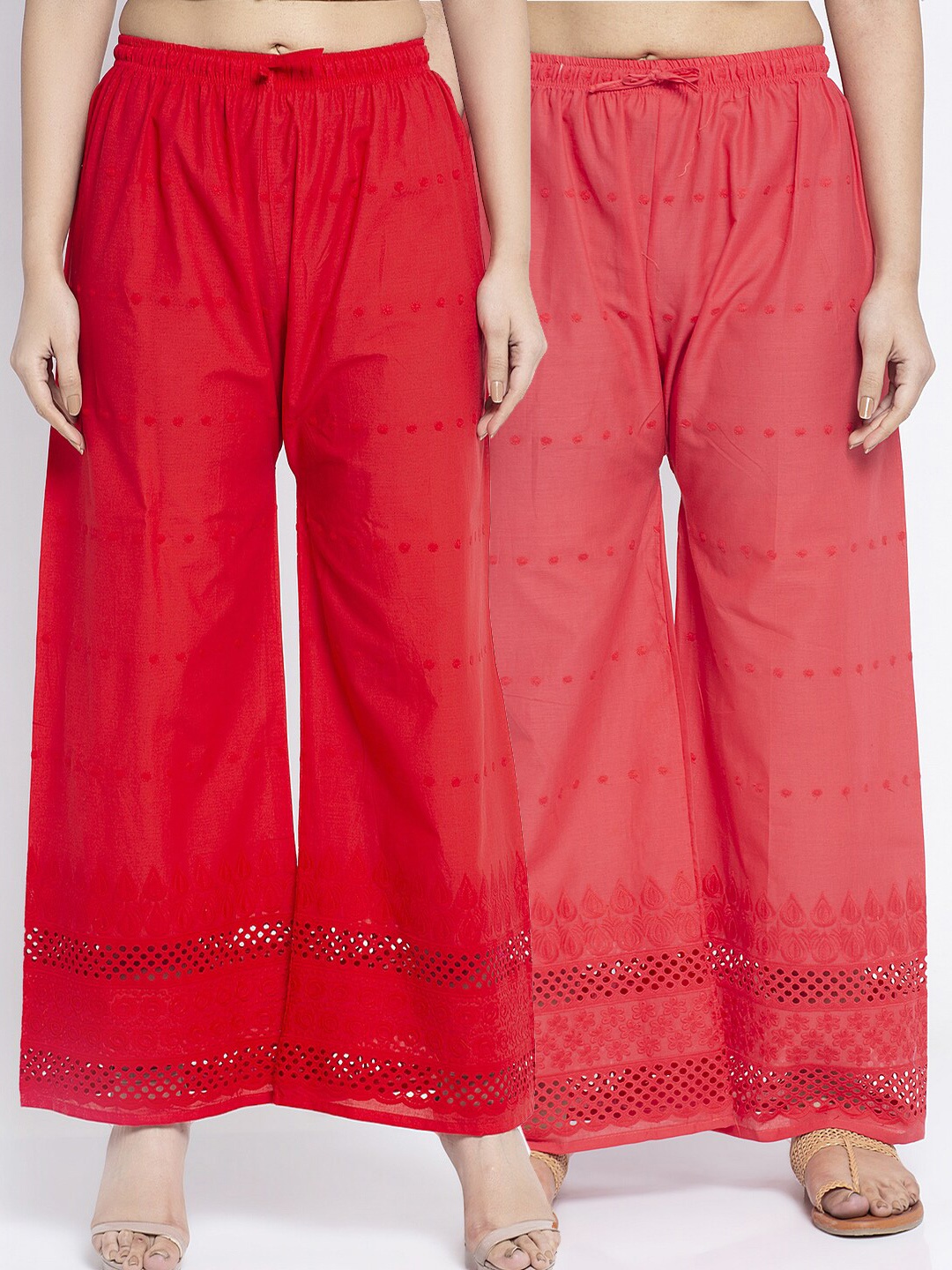 

Jinfo Women Red & Pink Pack of 2 Ethnic Motifs Embroidered Flared Ethnic Palazzos