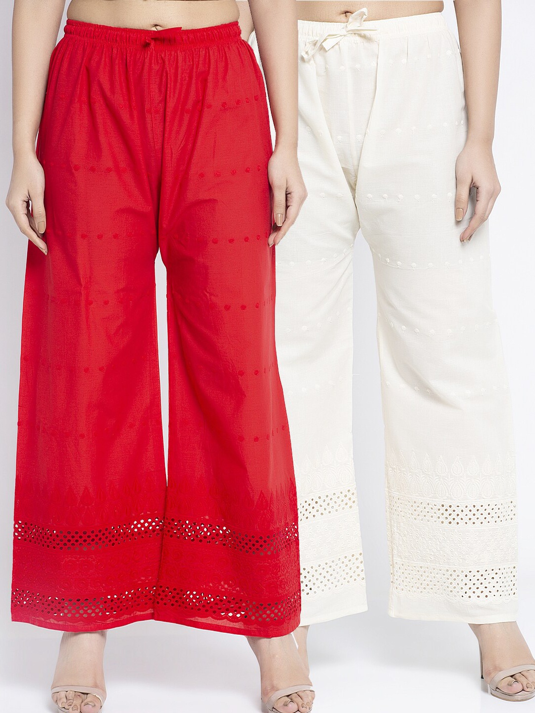

Jinfo Women Red & Off White Set Of 2 Ethnic Motifs Embroidered Flared Ethnic Palazzos
