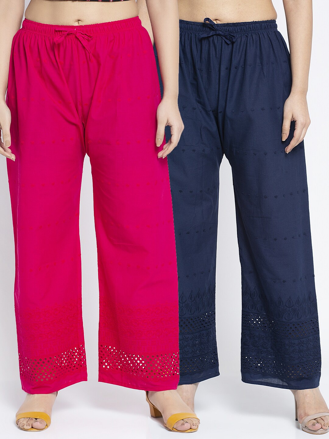

Jinfo Women Pink & Navy Blue Pack of 2 Floral Chickankari Embroidered Palazzos