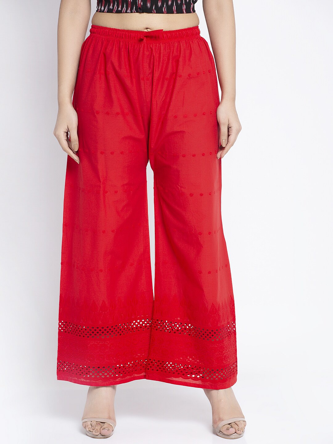 

Jinfo Women Red Flared Cotton Knitted Palazzos