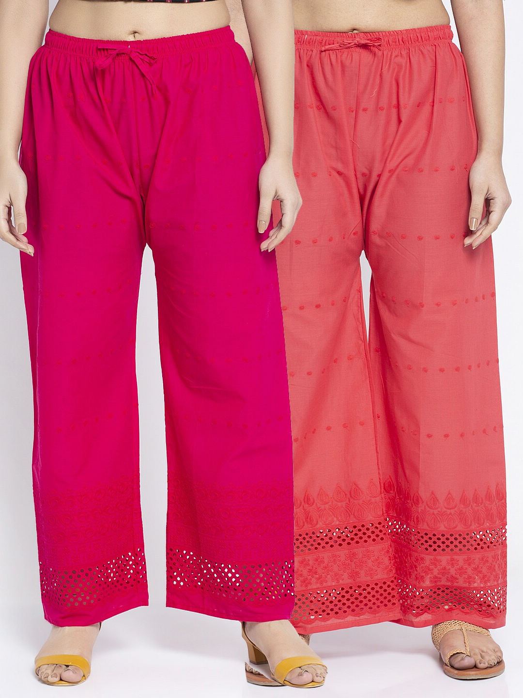 

Jinfo Women Pack of 2 Pink & Peach-Coloured Chikanakri Embroidered Cotton Ethnic Palazzos