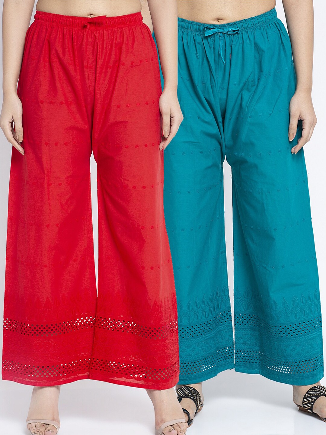 

Jinfo Women Pack of 2 Red & Turquoise Blue Embroidered Flared Palazzos