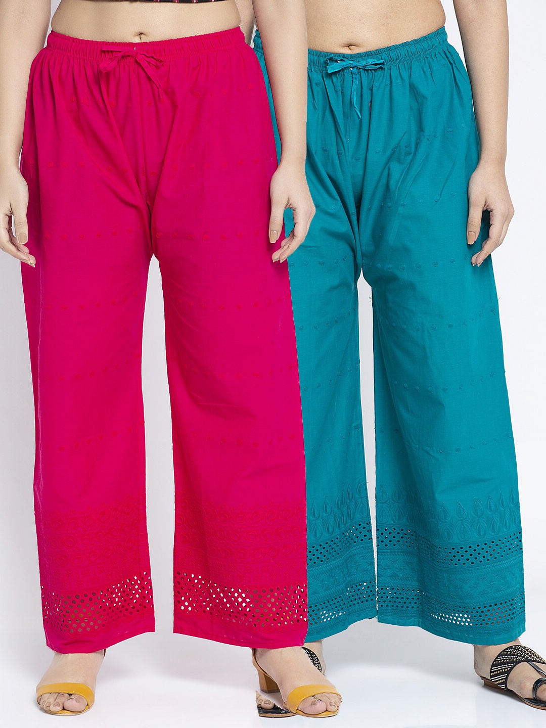 

Jinfo Women Pack Of 2 Pink & Turquoise Blue Flared Knitted Cotton Palazzos