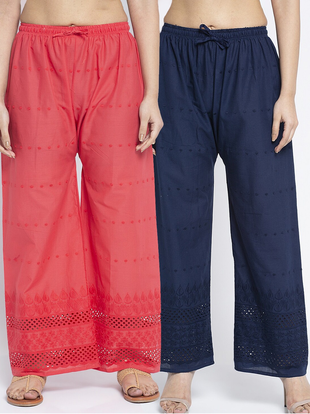 

Jinfo Women Pink & Navy Blue 2 Embroidered Flared Knitted Cotton Ethnic Palazzos